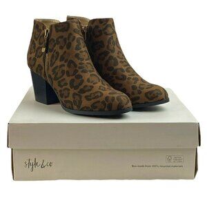 Style and Co Women's 5.5 Brown Animal Leopard Print Faux Suede Block Heel Bootie